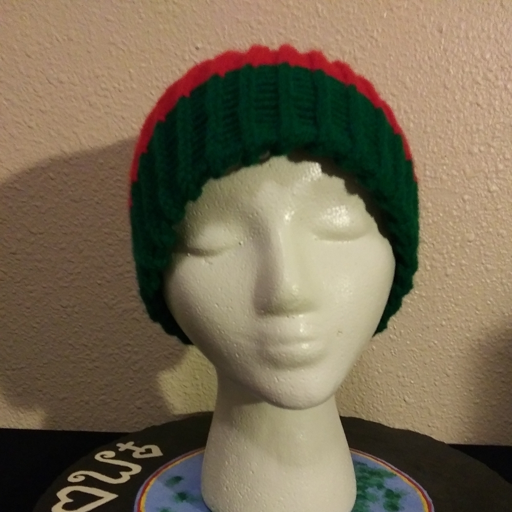 Knitted Reversible Gray, Green, Red & Yellow Hat